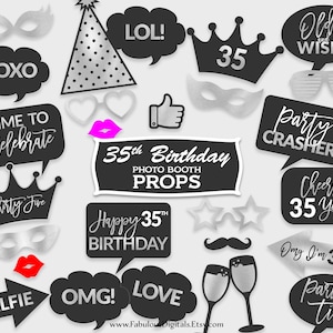 35th Birthday Photo Booth Props / Birthday Party Props / Black & Silver Foil / Printable PDF, Instant Download - #SFC