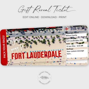 Biglietto di viaggio Fort Lauderdale, biglietto regalo Fort Lauderdale, biglietto aereo personalizzato, carta d'imbarco / stampa fai da te, modello modificabile