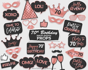 70th Birthday Photo Booth Props / Birthday Party Props / Black & Rose Foil / Printable PDF, Instant Download - #RFC