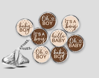 Etiquetas para baby shower de Hershey Kisses - Pegatinas de besos de bebé niño con corazones marrones - Impresión DIY, PDF imprimible, descarga instantánea