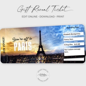 Billete de viaje a París, certificado de regalo personalizado, tarjeta de embarque de París, Torre Eiffel (impresión DIY), plantilla editable