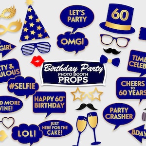 60th Birthday Photo Booth Props, Navy & Gold / Photo Booth Party Props / Printable PDF, Instant Download - #GWR
