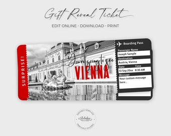 Vienna Travel Ticket, Vienna Gift Ticket, Custom Red-Black Ticket, Vienna Boarding Pass / DIY Print, Editable Template