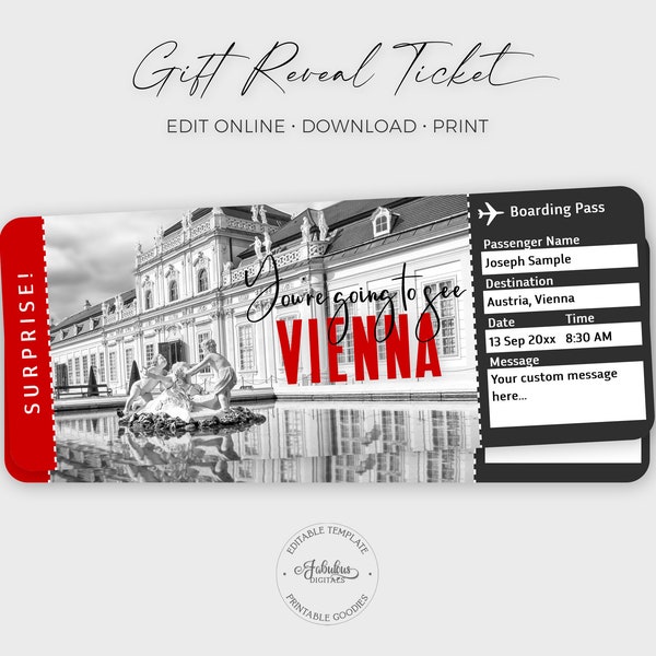 Vienna Travel Ticket, Vienna Gift Ticket, Custom Red-Black Ticket, Vienna Boarding Pass / DIY Print, Editable Template