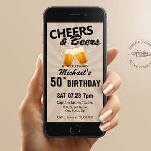 Invito per il 50° compleanno, invito di compleanno Cheers & Beers, modello modificabile, invito telefonico, download immediato