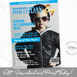 Birthday Boy Magazine Cover Card, Blue Birthday Invitation, Printable Invitation, Editable Template, Instant Download