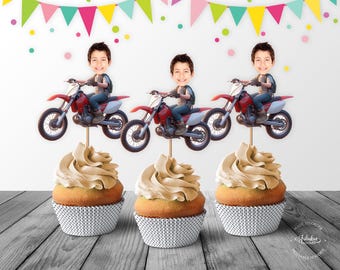 Red Dirt Bike Custom Face Cupcake Topper, Dirt Bike Birthday Cupcake Toppers - Digital File, DIY Print
