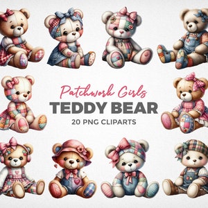 Könnte beinhalten: Set mit 10 digitalen Illustrationen von Patchwork-Teddybären. Jeder Bär trägt ein anderes Outfit aus bunten Stoffresten. Die Bären sitzen alle in verschiedenen Posen. Der Text "Patchwork Girls Teddy Bear 20 PNG CLIPSARTS" befindet sich am unteren Rand des Bildes.