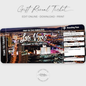 Billet de voyage Las Vegas, carte d'embarquement Vegas, chèque-cadeau, Las Vegas Strip la nuit / impression DIY, modèle modifiable