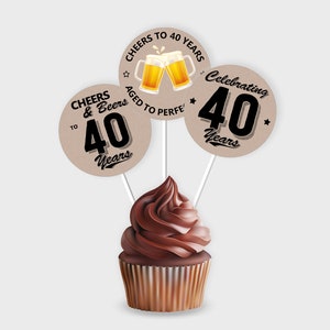 40th Birthday Cupcake Toppers / Party Circle, Cheers & Beers 40th Milestone Birthday - DIY Print, Instant Download