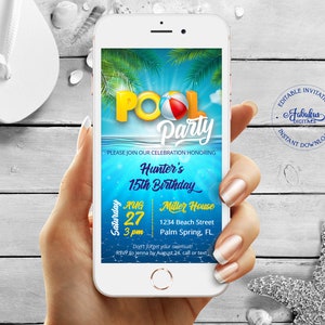 Pool Party Birthday Invitation, Electronic Summer Birthday Evite, Editable Template, Phone Invitation, Instant Download