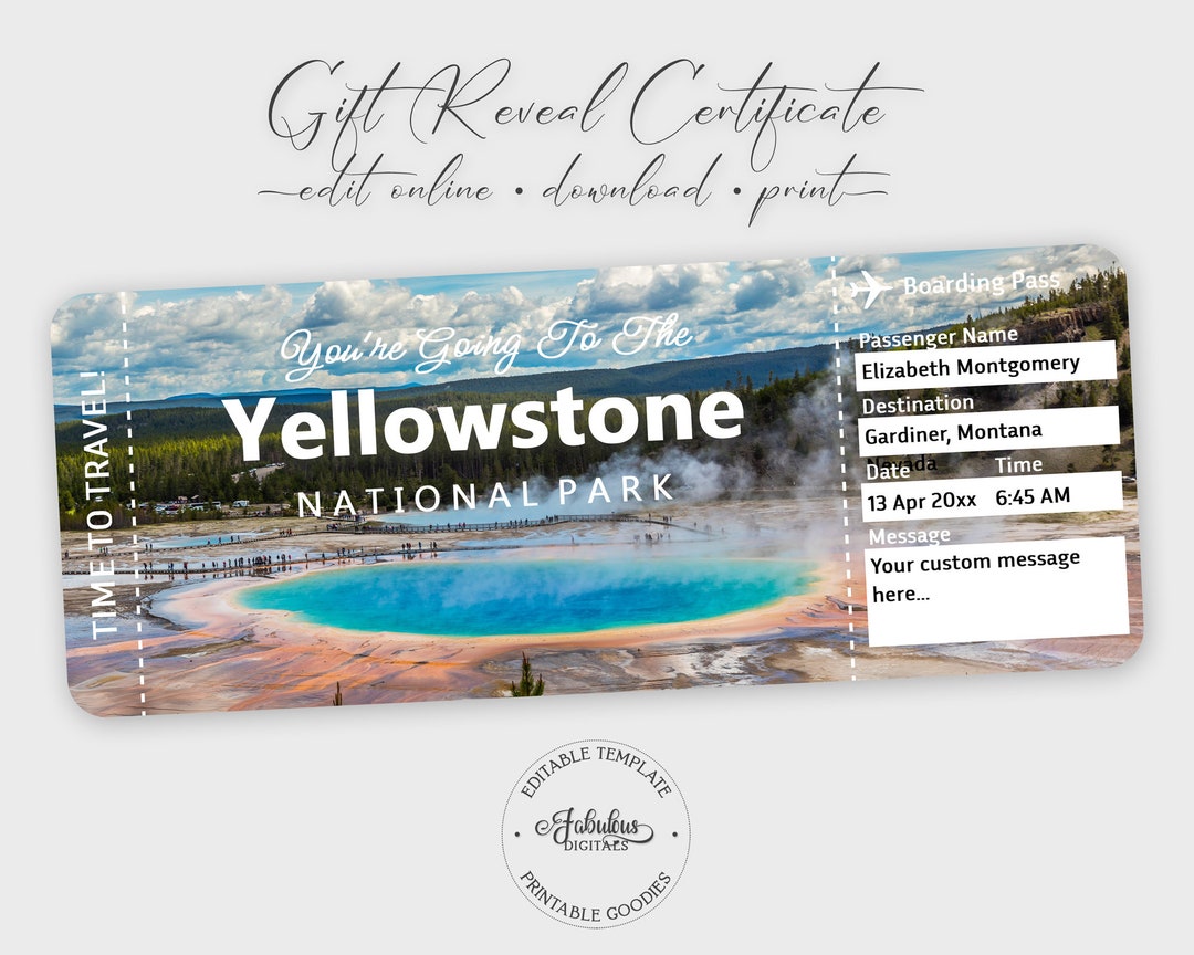 Yellowstone Travel Ticket Custom Airplane Ticket Yellowstone Etsy