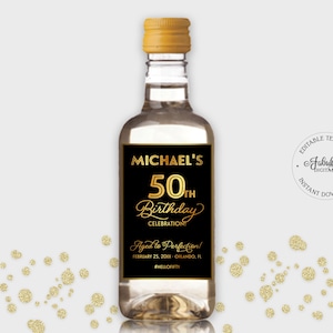 Birthday Party Mini Wine Labels, Custom Birthday Mini Label, Gold & Black Design, DIY Print, Printable PDF - #GWR