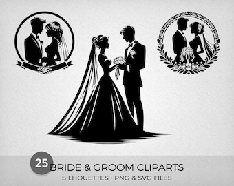 Imágenes prediseñadas de siluetas de novios, 25 archivos PNG y SVG, alta calidad, para impresión o uso digital, conjunto 2, descarga instantánea.