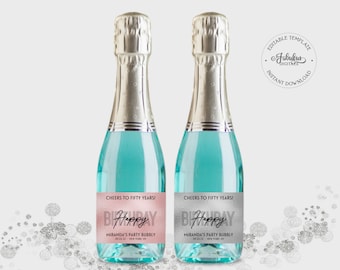 Happy Birthday Party Favor, Mini Champagne Labels, Metallic Blush or Silver - Editable Template, Instant Download