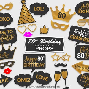 80th Birthday Photo Booth Props / Birthday Party Props / Black &amp; Gold ...