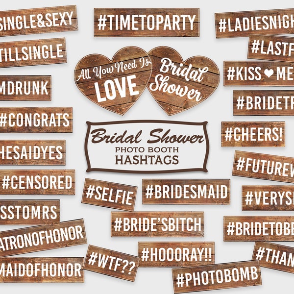 Rustic Wooden Bridal Shower Photo Booth Props, Hashtag Signs / DIY Print, Printable PDF, Instant Download - #RWD