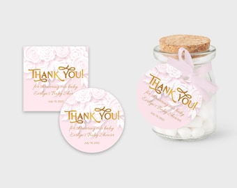 Baby Shower Thank You Favor Stickers, Baby Girl Favor Labels - Soft Pink Flowers - Editable Template, Instant Download