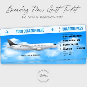 Editable Blue Airplane Ticket Template, Surprise Gift Ticket, Printable Boarding Pass, DIY Print, Editable Template