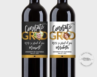 Graduation Photo Wine Labels, Custom Photo Wine Labels - Gold and Black or White - Printable PDF, DIY Print