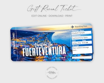 Vacaciones en Fuerteventura, Islas Canarias. Billete de viaje, tarjeta de embarque para Fuerteventura / Imprime tú mismo, plantilla editable.