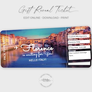 Biglietto di viaggio per Firenze, biglietto regalo Italia, biglietto aereo personalizzato, carta d'imbarco per Firenze / stampa fai da te, modello modificabile