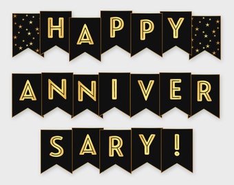 Happy Anniversary Printable Banner, Black & Gold - Anniversary Party - Printable PDF, DIY Print, Instant Download - #GWR