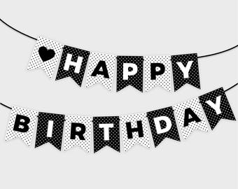 Zwart-wit afdrukbare banner Happy Birthday - feestbanner met stippenpatroon - afdrukbare pdf, DIY-printen, direct downloaden