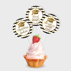 Graduation Cupcake Toppers, Class of 2025 / Black-White & Gold, Stripes and Dots - DIY Print, Instant Download - #GSR