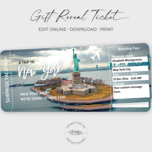New York Travel Ticket, New York Gift Ticket, Statue of Liberty, Custom Boarding Pass / DIY Print, Editable Template