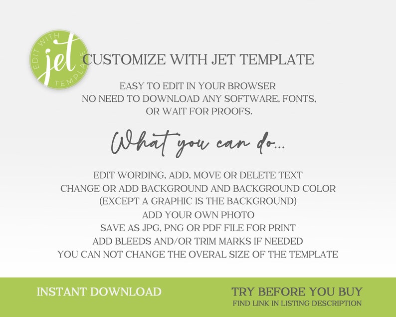 Op de afbeelding: Witte achtergrond met tekst in verschillende lettertypen. De tekst bevat "Aanpassen met Jet Template", "Eenvoudig te bewerken in uw browser" en "Wat u kunt doen...". Een groene cirkel met de tekst "Edit with Jet Template" staat linksboven. Onderaan staat "Direct downloaden" en "Probeer voordat u koopt".