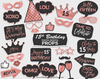 15th Birthday Photo Booth Props / Quinceañera Party Props / Black & Rose Foil / Printable PDF, Instant Download - #RFC