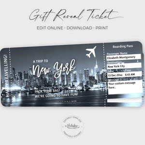 Billete de viaje a Nueva York, tarjeta de embarque de Nueva York, regalo sorpresa, billete de regalo personalizable/impresión DIY, plantilla editable