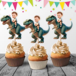 Cute Green T-Rex Custom Photo Face Cupcake Topper, Personalized Dinosaur Birthday Photo Cupcake Toppers - Digital File, DIY Print