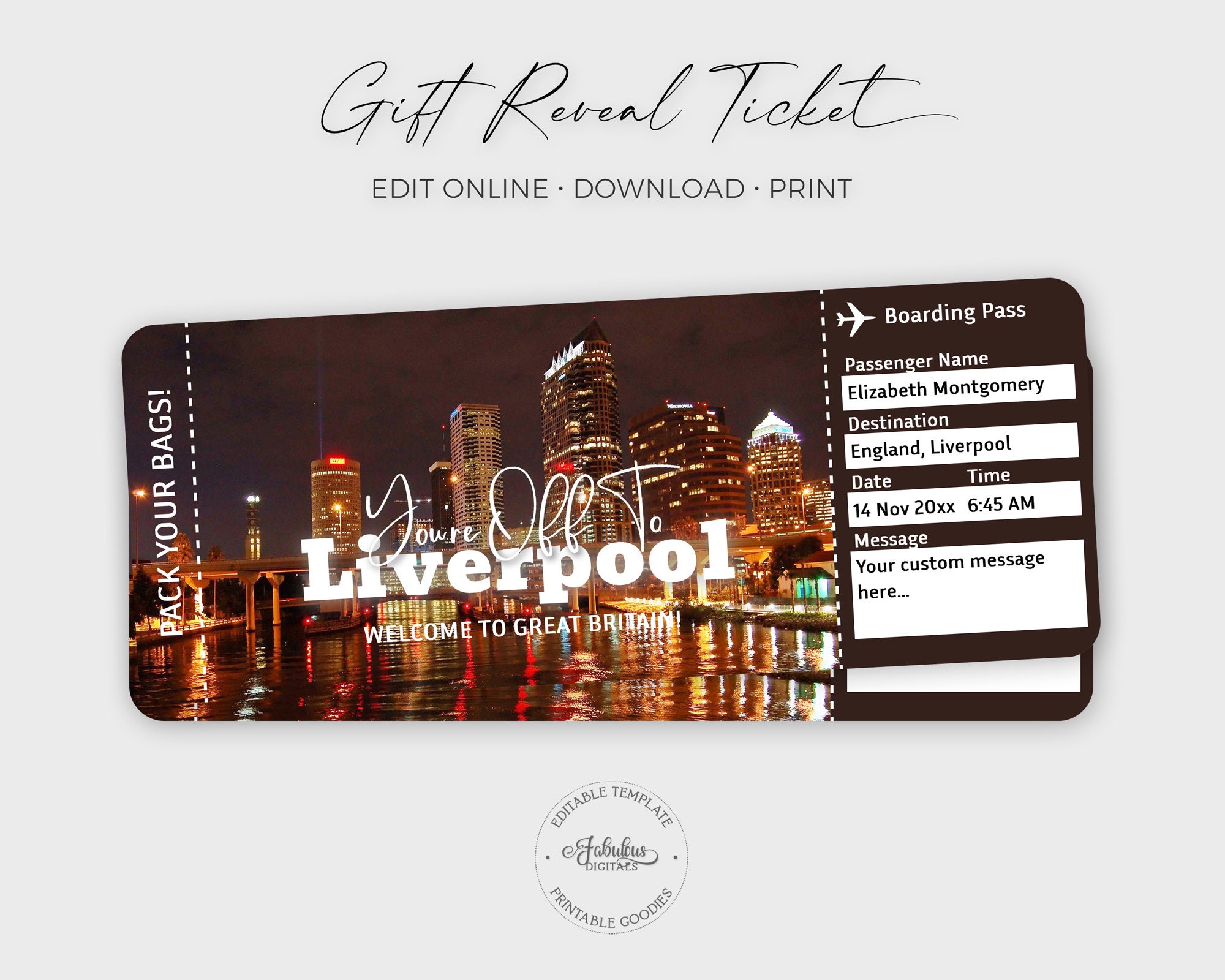 Liverpool Travel Ticket, Liverpool Boarding Pass, Custom Gift Ticket,  Liverpool Cityscape / DIY Print, Editable Template - Etsy