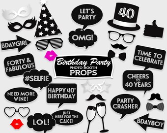 40th Birthday Photo Booth Props, Black & Silver / Photo Booth Party Props / Printable PDF, Instant Download - #GWR