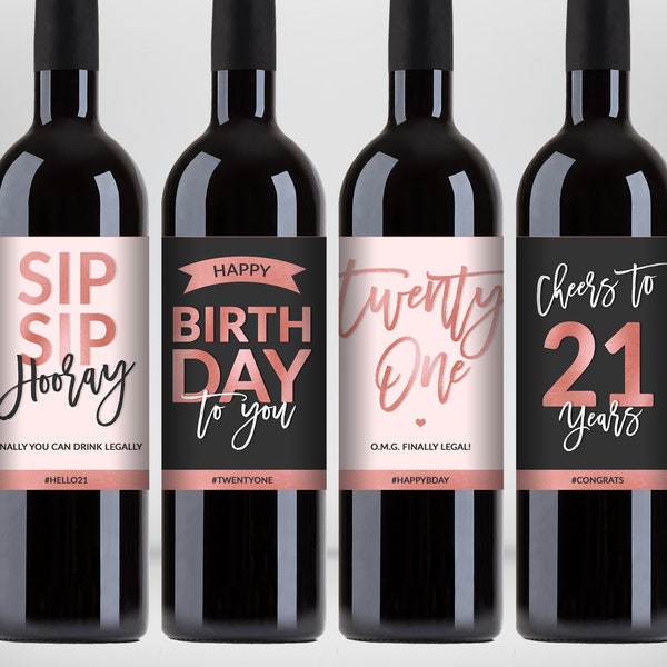 21st Birthday Wine Labels (Set of 4) - Black-Pink & Rose Foil - Printable PDF, DIY Print, Instant Download - #RFC