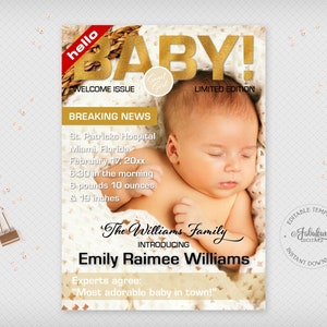 Faire-part de naissance bébé fille, couverture de magazine, faire-part doré imprimable, modèle modifiable, téléchargement immédiat