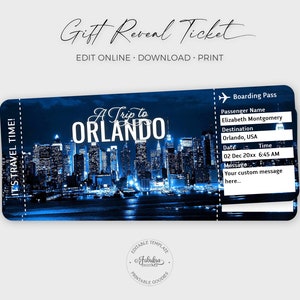 Billet de voyage pour Orlando, billet cadeau pour Orlando, billet personnalisé pour la Floride, carte d'embarquement pour Orlando / impression DIY, modèle modifiable