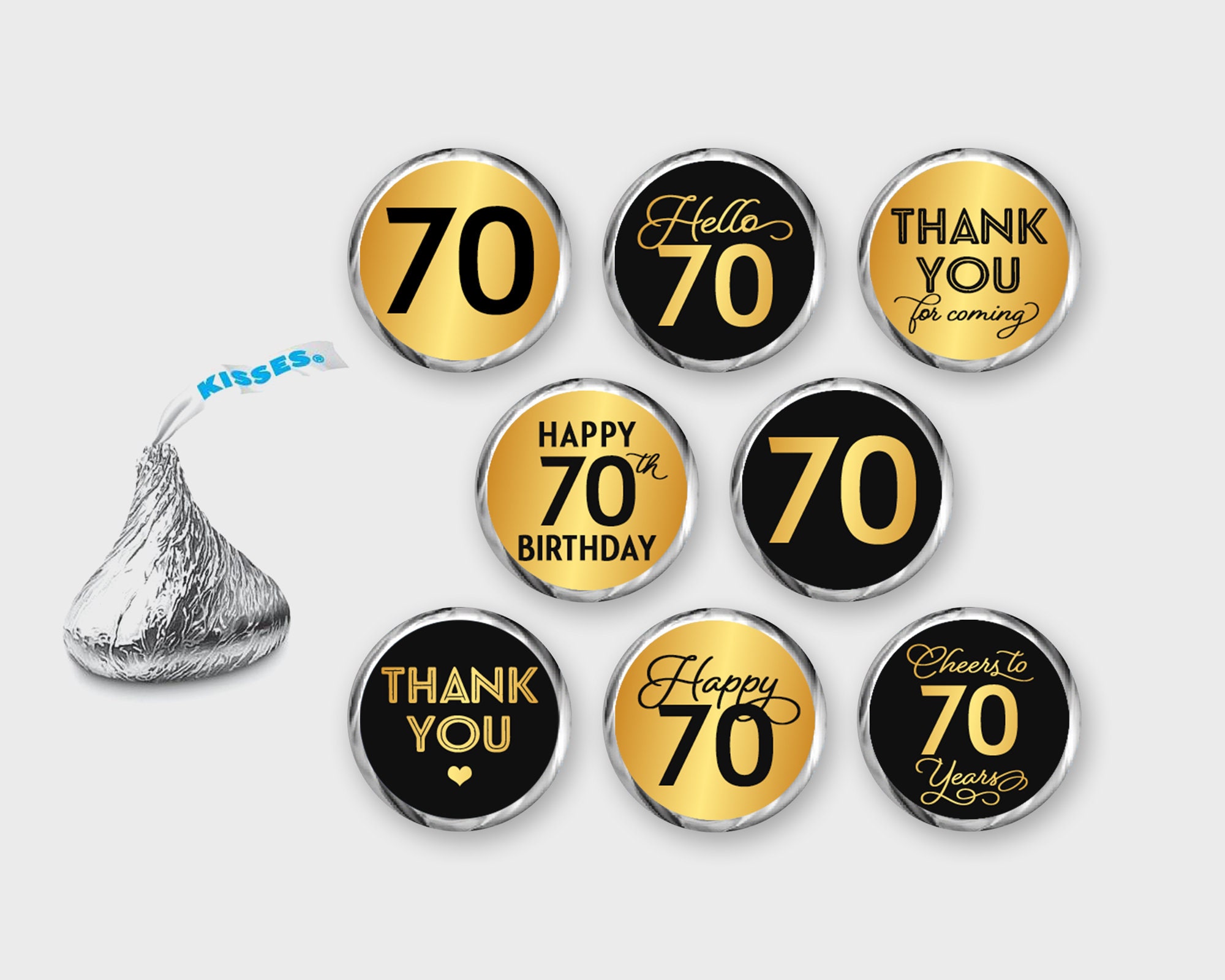 70th Birthday Hershey Kisses Labels, Black & Gold / Kisses Sticker / DIY Print, Printable PDF, Instant Download - #GWR