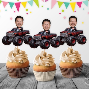 Monster Truck Custom Photo Face Cupcake Topper, Monster Truck Black-Red Birthday Cupcake Toppers - Digital File, DIY Print