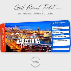 Barcelona Travel Ticket, Barcelona Boarding Pass, Custom Gift Ticket, Spain Travel Ticket / DIY Print, Editable Template