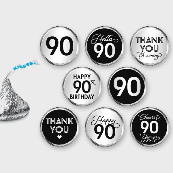 90th Birthday Hershey Kisses Labels, Black & Silver / Kisses Sticker / DIY Print, Printable PDF, Instant Download - #GWR