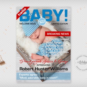 Tarjeta de portada de revista con anuncio de nacimiento de un niño, anuncio de niño azul imprimible, plantilla editable, descarga instantánea