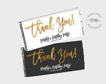 Thank You! Custom Candy Bar Wrapper, Chocolate Label - Black-White & Gold Foil - DIY Print, Editable Template - #GFC