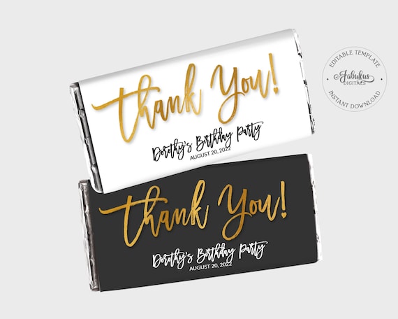 Thank You! Custom Candy Bar Wrapper, Chocolate Label - Black-White & Gold Foil - DIY Print, Editable Template - #GFC