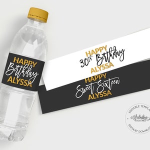 Birthday Party Water Bottle Labels, Custom Water Bottle Wrappers - Black & Gold - DIY Print, Editable Template - #GFC