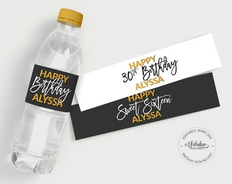 Birthday Party Water Bottle Labels, Custom Water Bottle Wrappers - Black & Gold - DIY Print, Editable Template - #GFC