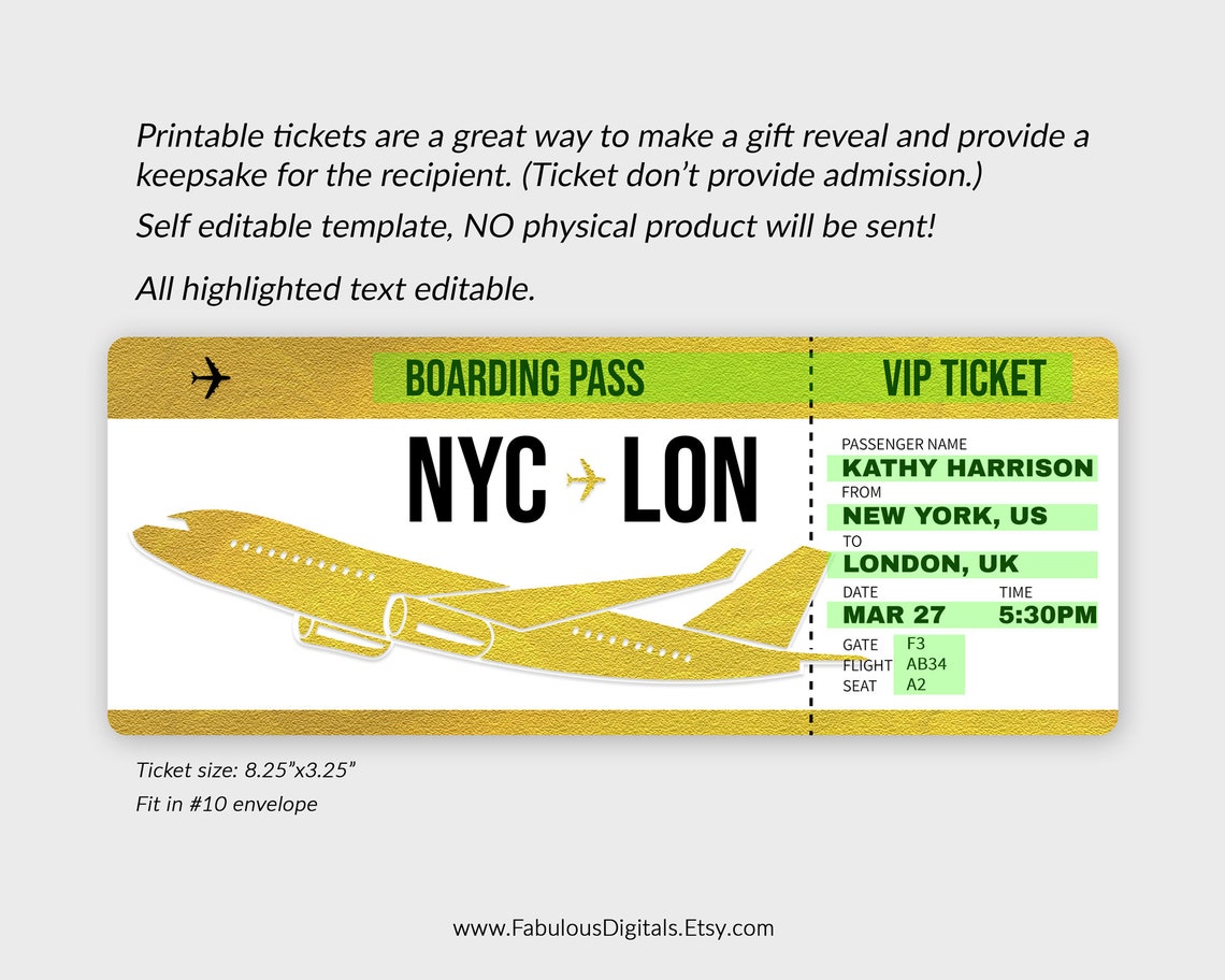 Editable Gold Airplane Ticket Template Surprise Gift Ticket Etsy