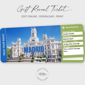 Biglietto di viaggio per Madrid, Carta d'imbarco per Madrid, Biglietto aereo personalizzato, Biglietto di viaggio per la Spagna / Stampa fai da te, Modello modificabile